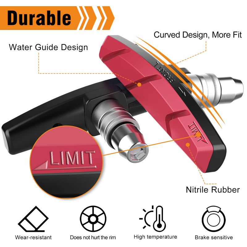 Alritz Bike Brake Pads Set, Alritz 6PCS Road Mountain Bicycle V-Brake Blocks Shoes with Hex Nut and Shims, No Noise No Skid, 70mm, for Front and Back Wheel (Red) - Image 3